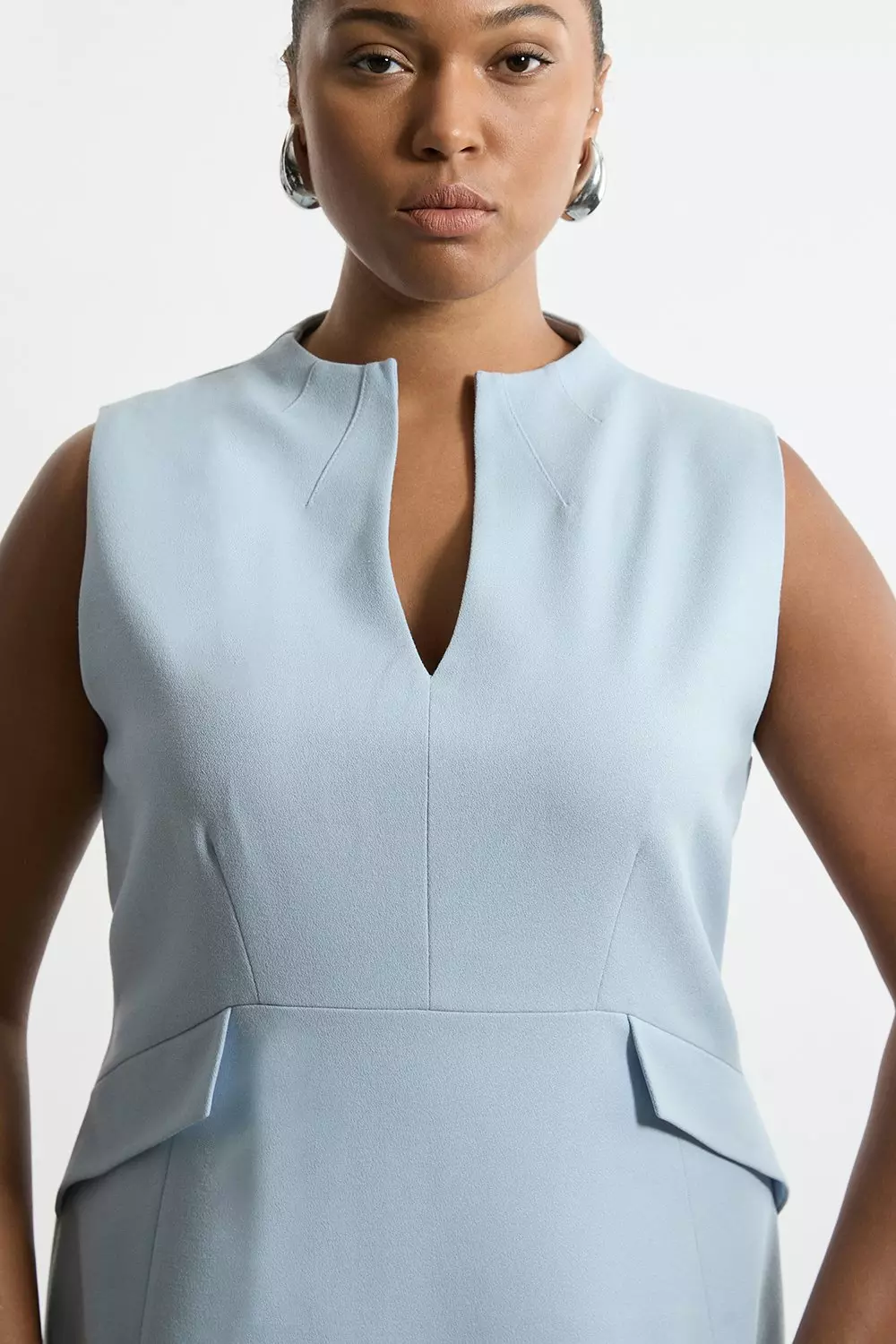 Karen Millen Womens Plus Size Structured Crepe High Neck Tailored Midi Pencil Dress Pale Blue Size 14